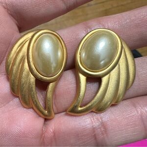 Gold Winged Earrings with Cream Centerpiece